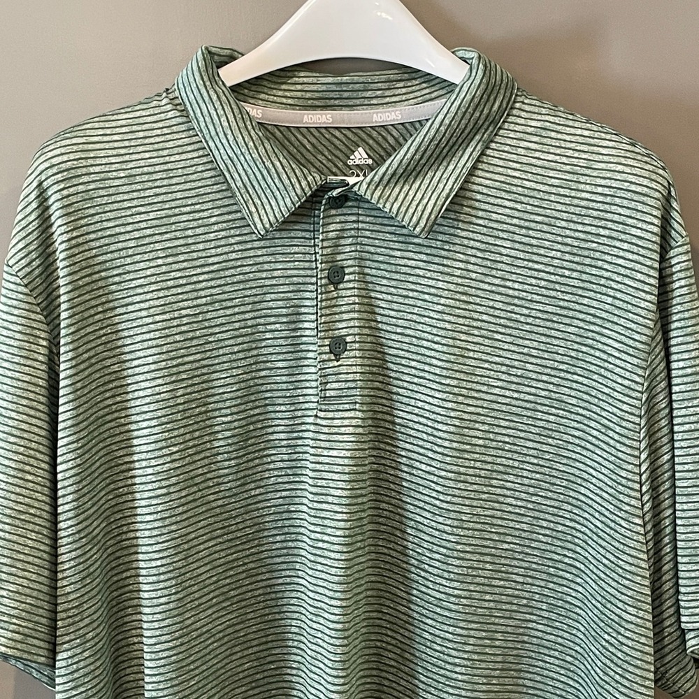 Adidas Golf Mens 2XL Green Striped Performance Short Sleeve Polo Shirt